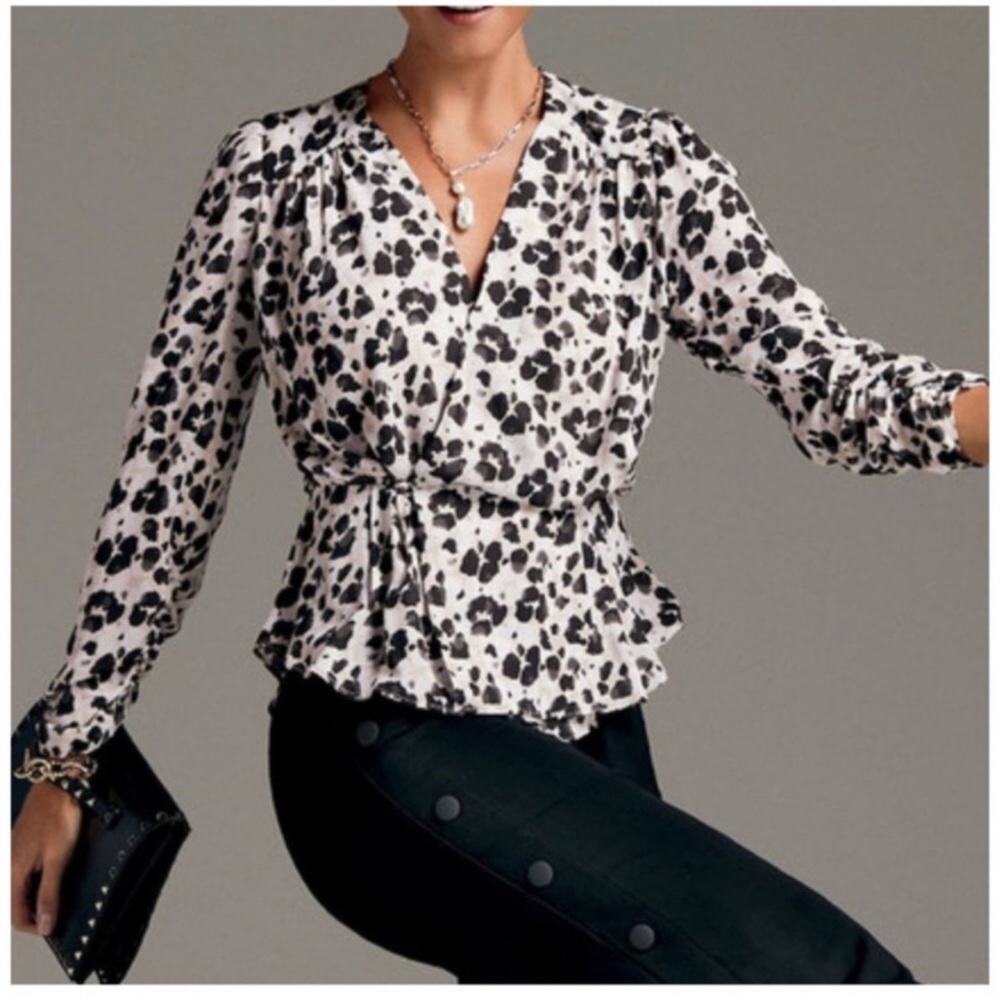 CAbi Rosette Leopard Print Ruched Sleeve Peplum Blouse Animal Print 5898 Medium